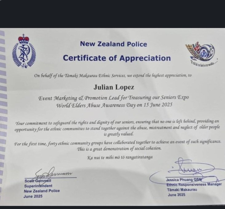 Our Financial Manager, Julian Lopez, was presented with a Certificate of Appreciation by the New Zealand Police for his outstanding support and contribution